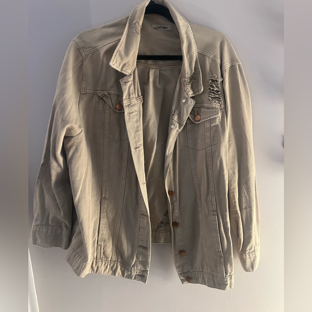 Distressed Khaki Jean Jacket Plus sized